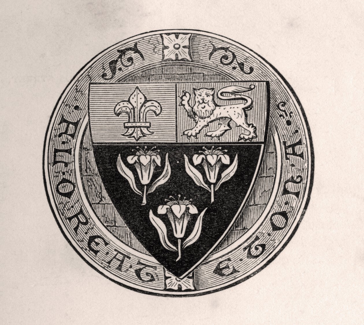Eton-sköld lagt över rundel med skolmotto, illustration från Memoirs of Eminent Etonians, av Sir Edward Creasy publicerad London 1876 av English School