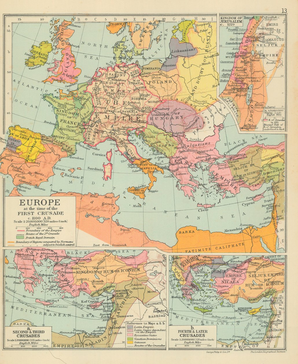 Europa vid tiden för det första korståget ca 1100 e.Kr. (färglitografi) av English School