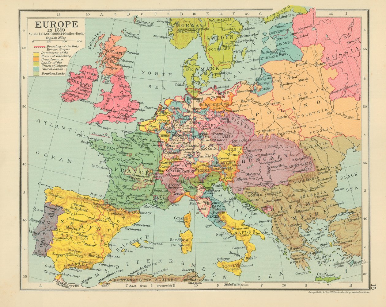 Europa år 1519 (färglitografi) av English School