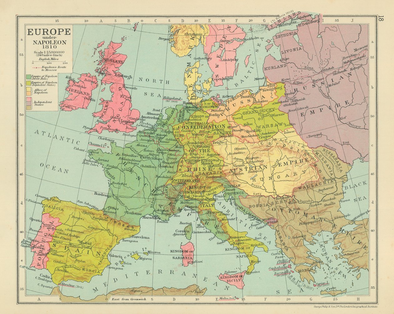 Europa under Napoleon 1810 (färglitografi) av English School