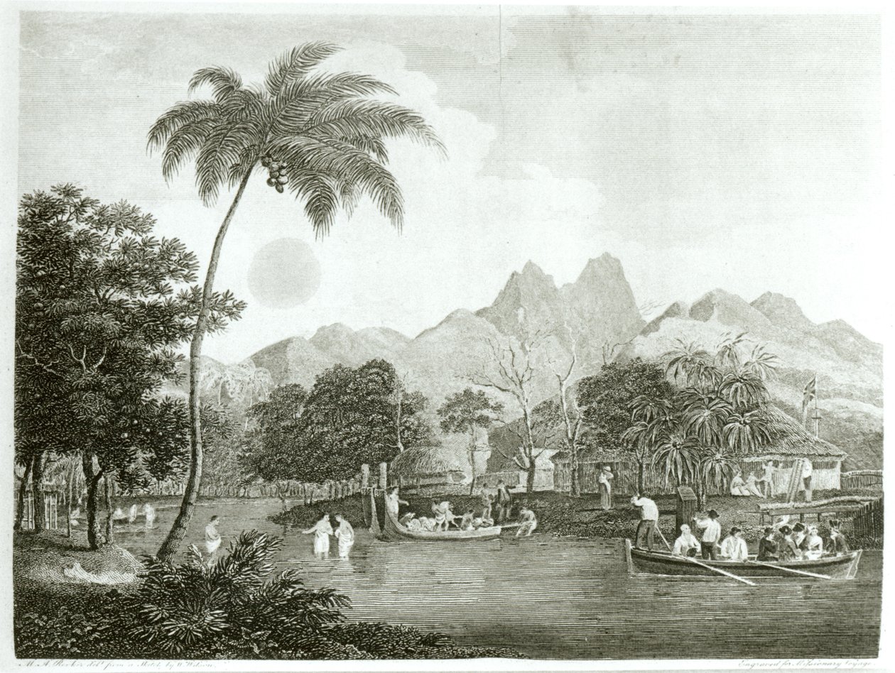 Europeiska missionärer i en by på Tahiti, från en missionsresa till södra Stilla havet utförd under åren 1796-98 i Ship Duff, publicerad 1799 av English School