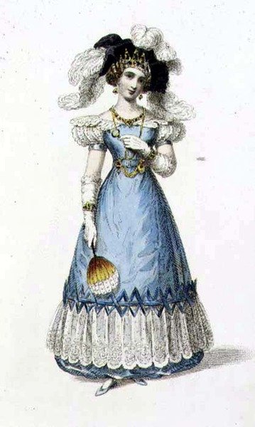 Aftonklänning, modetallrik från Ackermanns Repository of Arts (färgad gravyr) av English School