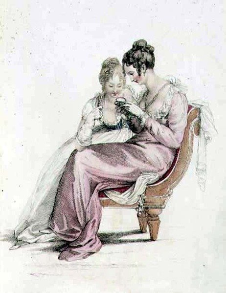 Kvälls- eller helklänning, modetallrik från Ackermanns Repository of Arts (färgad gravyr) av English School