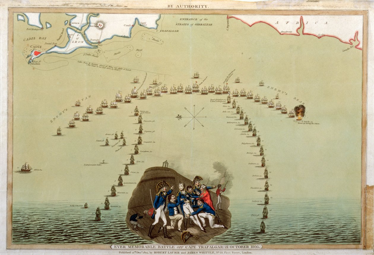 Ever Memorable Battle off Cape Trafalgar, 21 oktober 1805, publicerad av Laurie & Whittle, 12 december 1805 (färgad akvatint) av English School