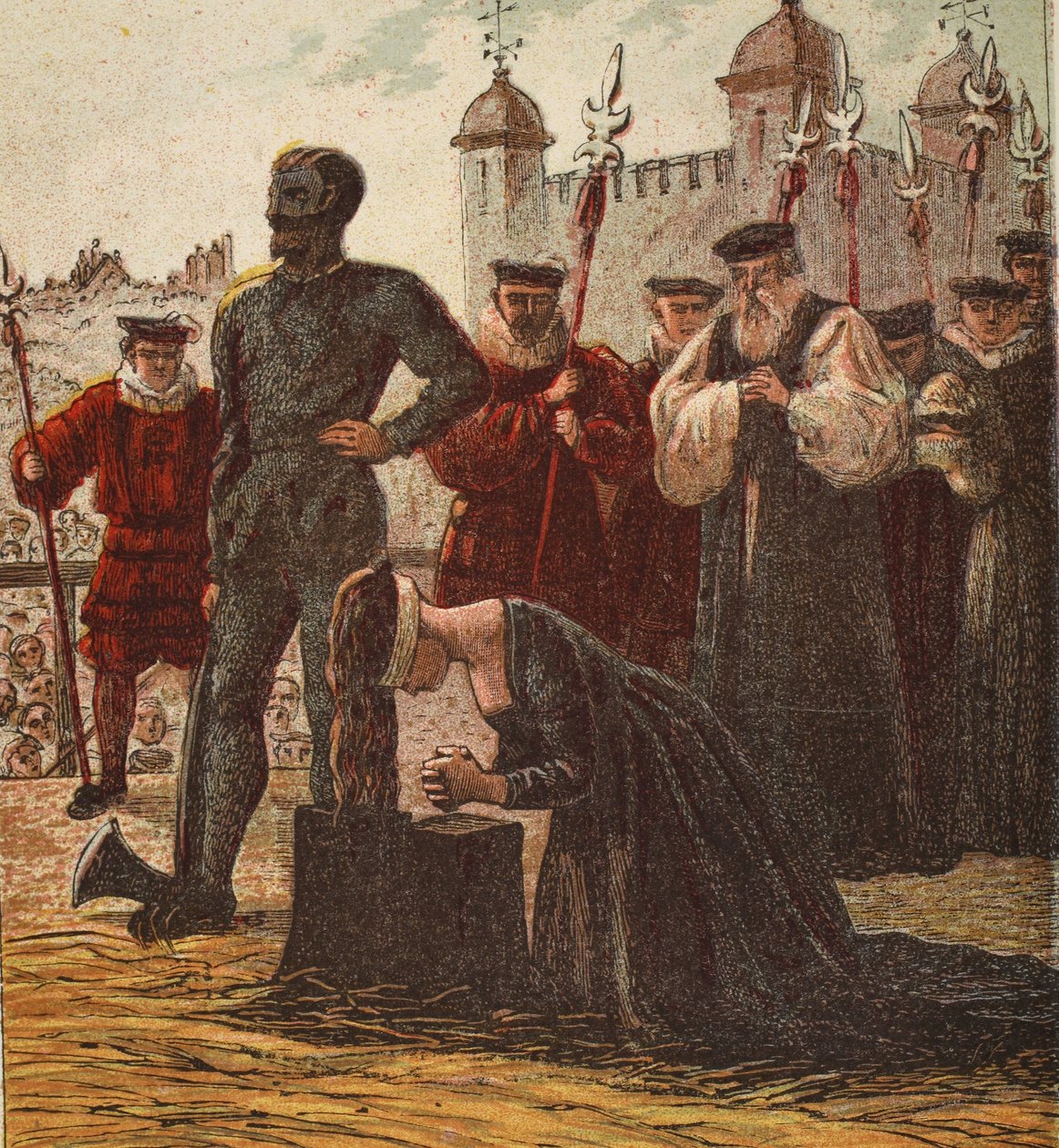 Avrättning av Lady Jane Grey, pub. 1890 (färglitografi) av English School