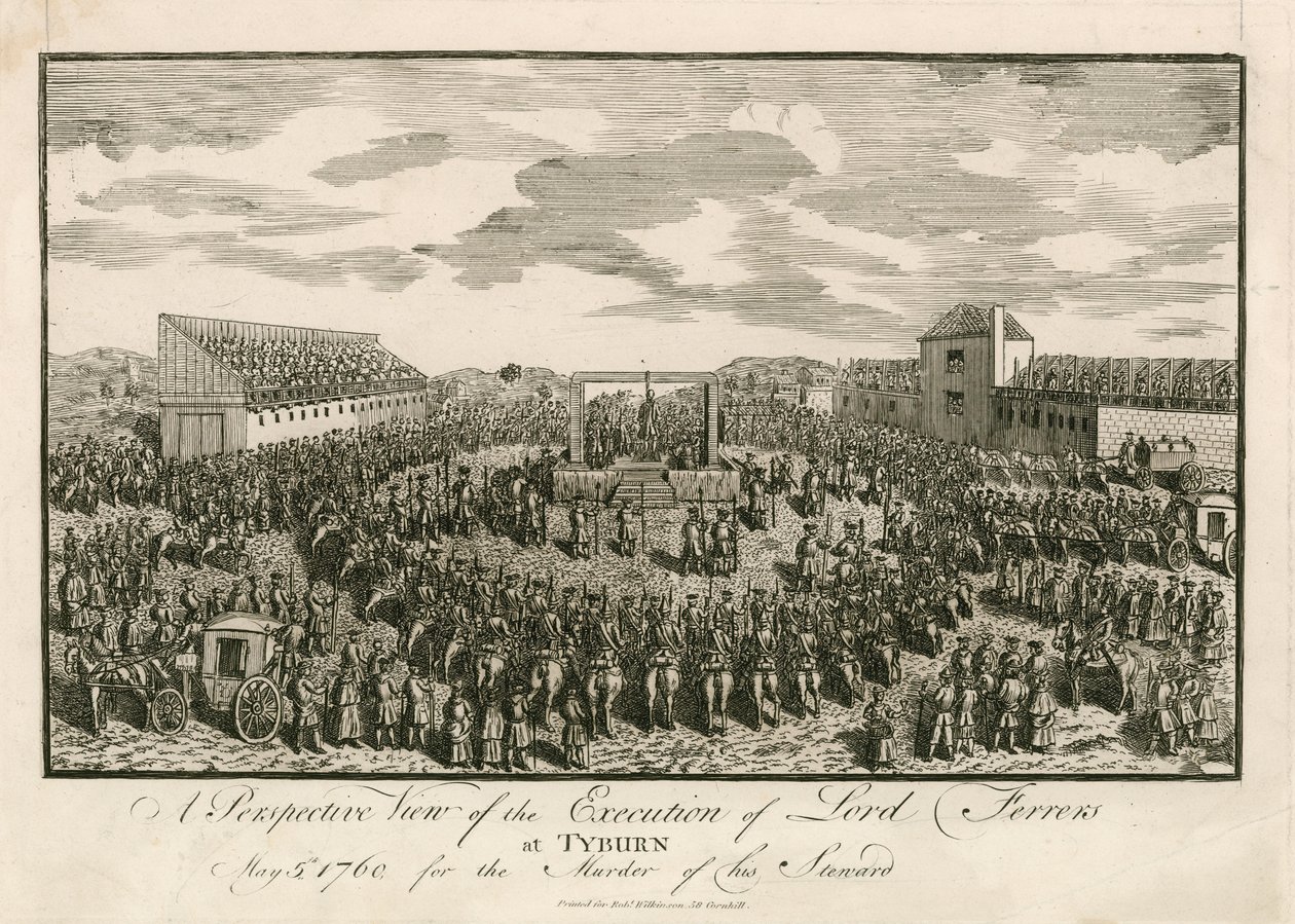 Avrättning av Lord Ferrers i Tyburn, 5 maj 1760, för mord på sin förvaltare (gravyr) av English School