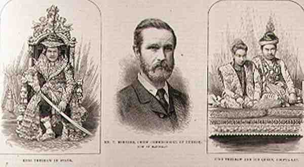 Expedition till Upper Burmah: King Theebaw (1858-1916) i staten, Mr. T. Bernard, Chief Commissioner of Burmah, nu i Mandalay, King Theebaw och hans Queen, Soopya-Lat, från The Illustrated London News, av English School