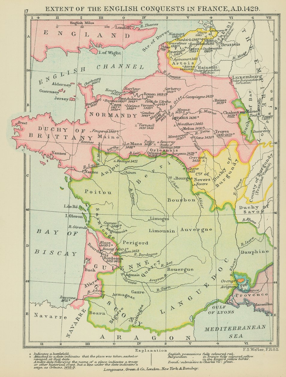 Omfattningen av de engelska erövringarna i Frankrike, AD 1429 (färglitografi) av English School