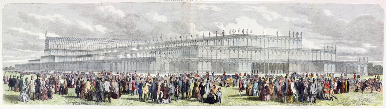 Exteriör av Crystal Palace uppfört i Hyde Park för utställningen av alla nationers industri (färgad gravyr) av English School