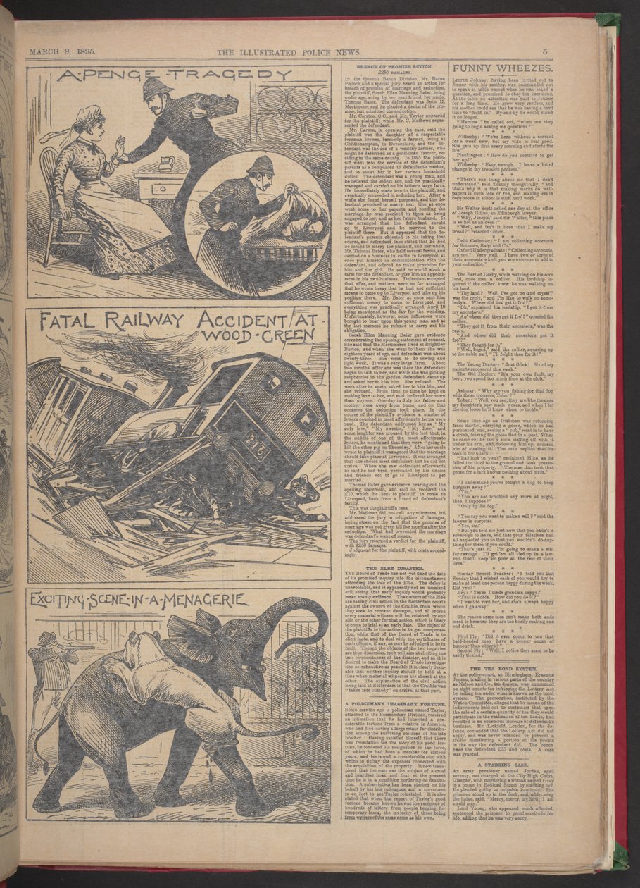 "DÖDLIG JÄRNVÄGSOLYCKA VID WOOD-GREEN." Illustrated Police News, 9 mars 1895 (tidningspapper) av English School