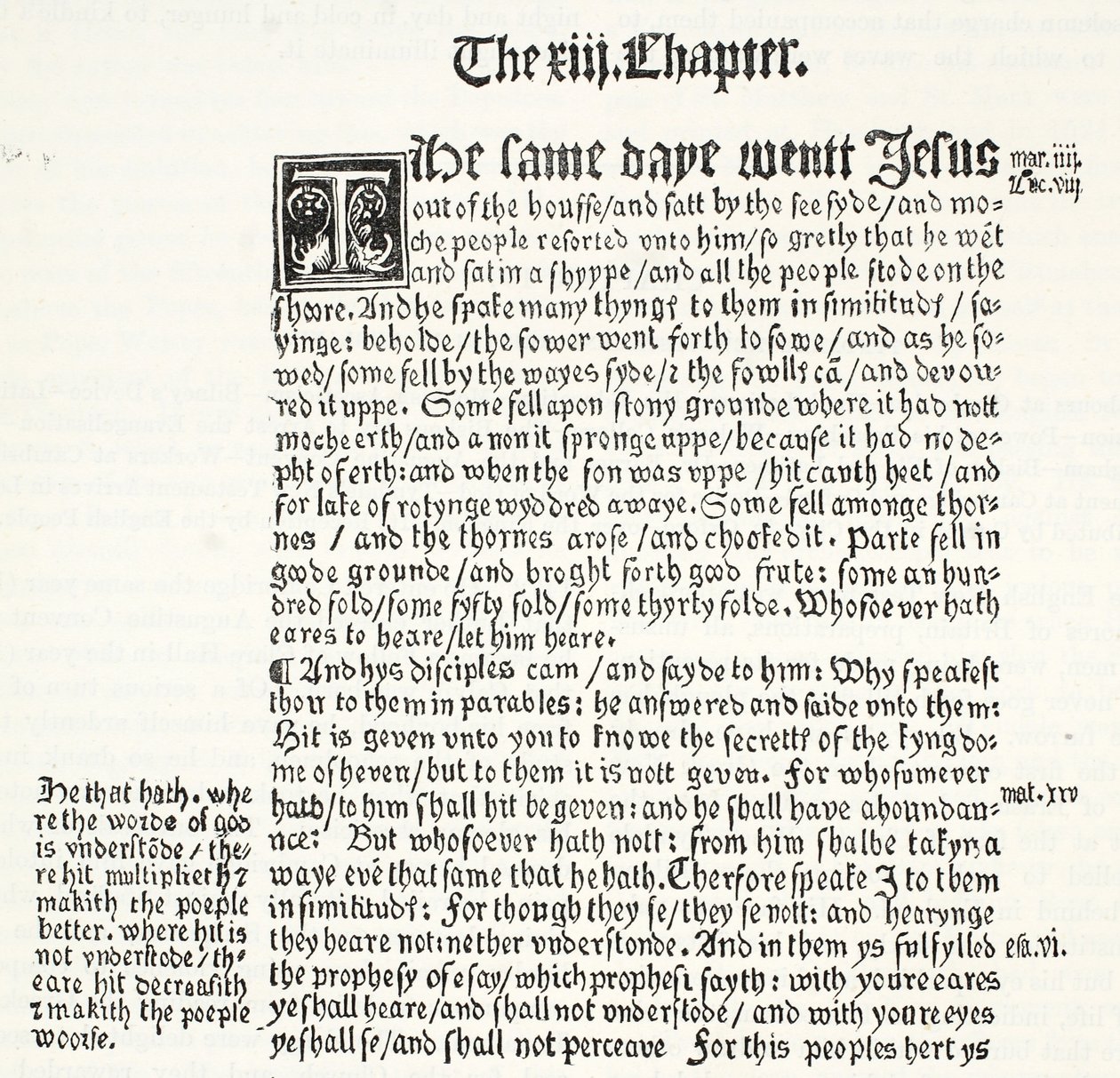 Faksimil av St. Matthews evangelium, kapitel XIII, vers 1-15, från Tyndales testamente, illustration från The History of Protestantism av James Aitken Wylie (1808-1890), pub. 1878 av English School