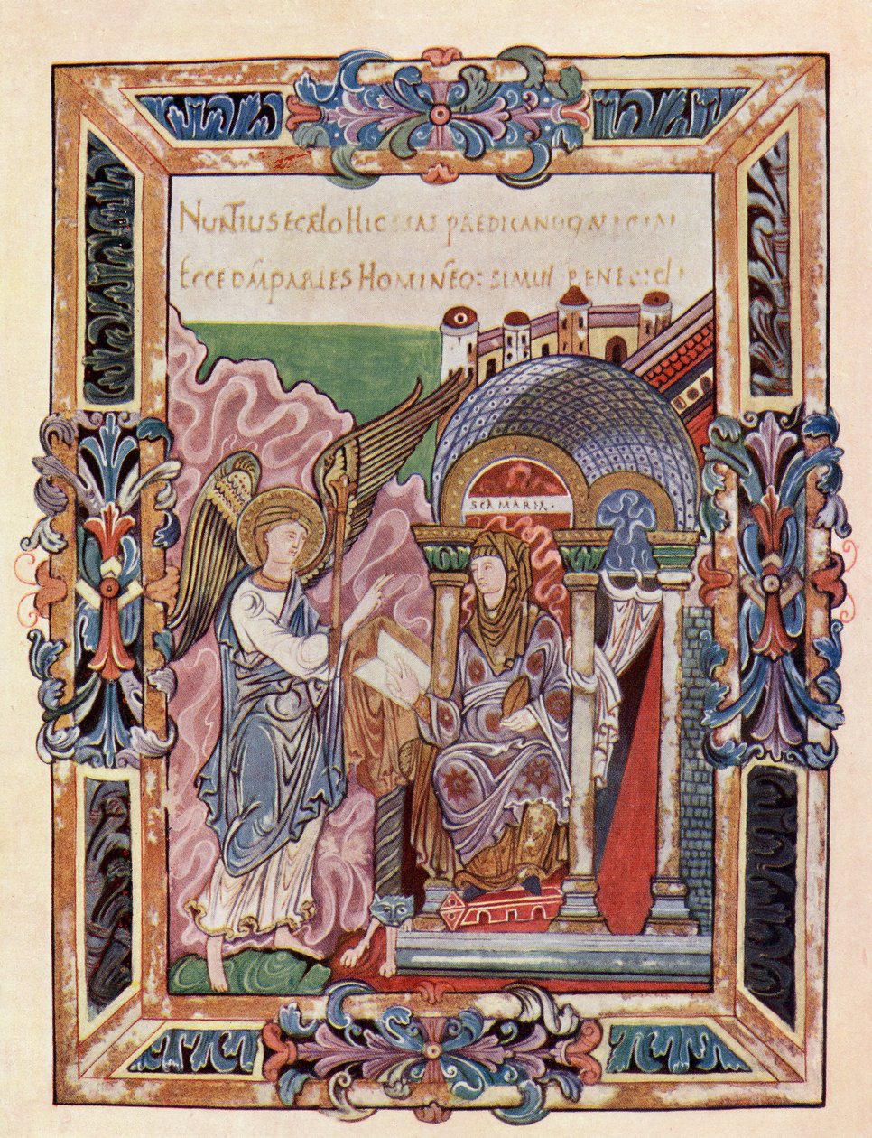 Faksimil av en sida från Ethelwold Benedictional som visar tillkännagivandet, från boken The Church of England: A History for the People, publicerad c.1910 av English School