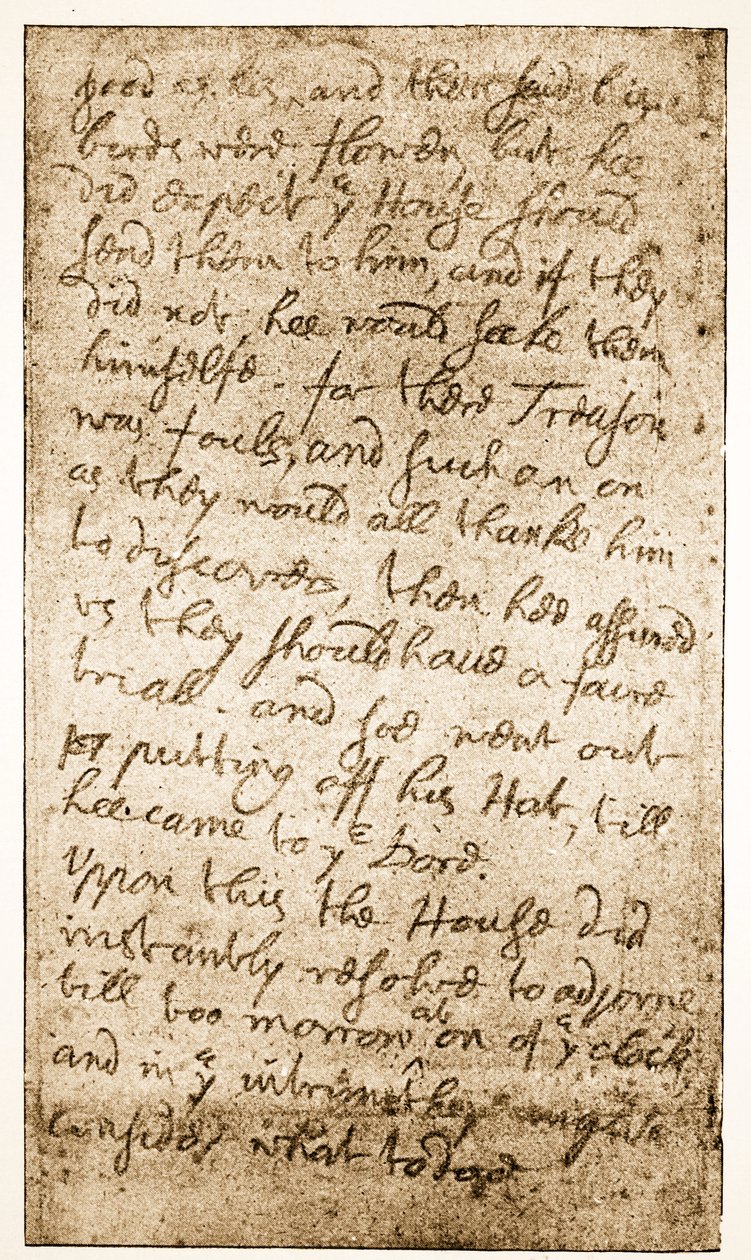 Faksimil av en sida med Sir Ralph Verneys anteckningar om det långa parlamentet från Memoirs of the Verney Family (sepiafoto) av English School