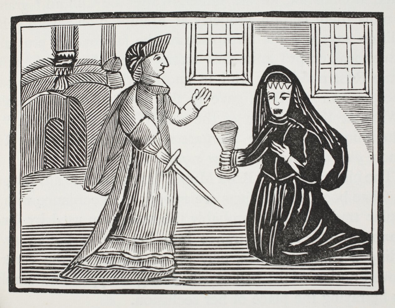 Fair Rosamond blir förgiftad av drottning Eleanor, illustration från Chap-books of the Arteenth Century av John Ashton, pub. 1882 av English School