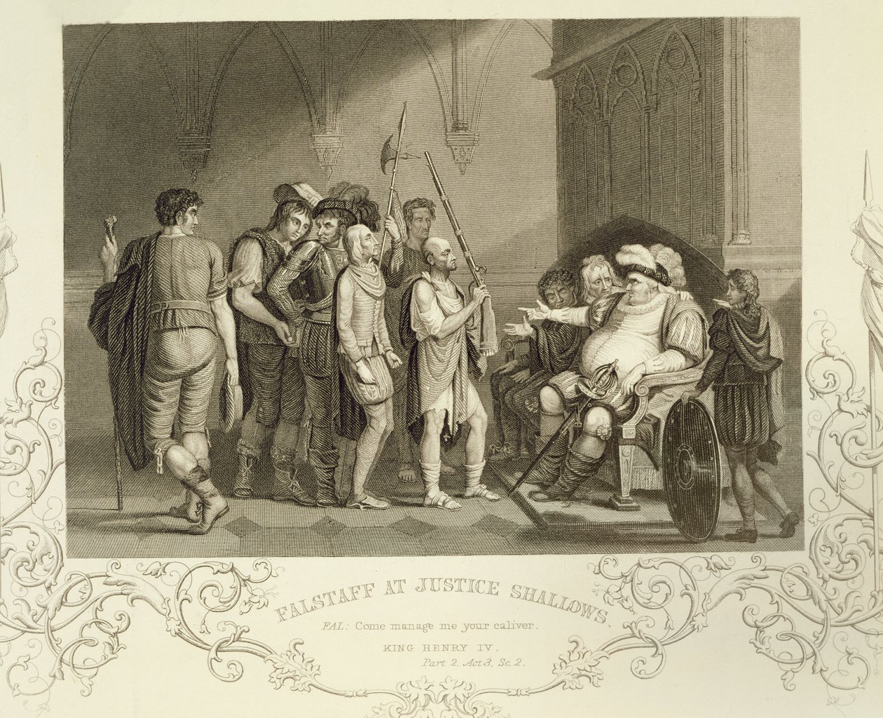 Falstaff på Justice Shallows, i Henry IV (del 2) akt III scen 2, av William Shakespeare (1564-1616) av English School