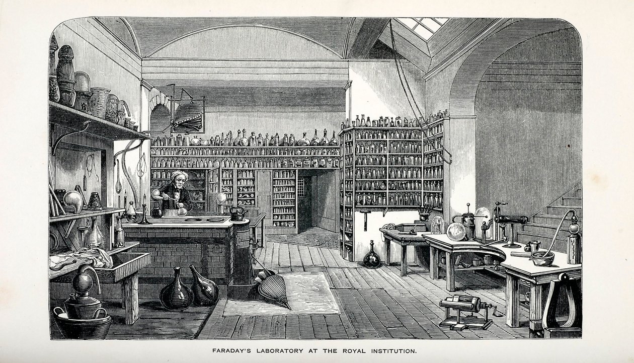 Faradays Laboratory på Royal Institution, pub. 1870. av English School