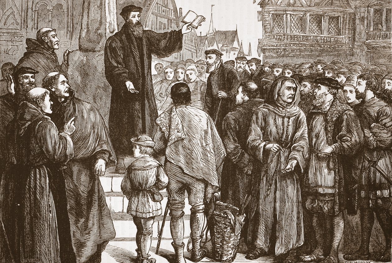 Farel predikar på marknadsplatsen i Neuchatel, illustration från The History of Protestantism av James Aitken Wylie (1808-1890), pub. 1878 av English School