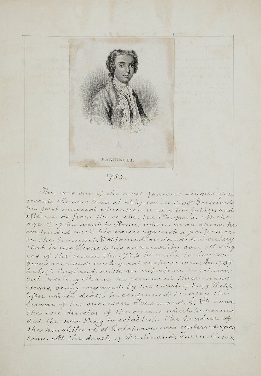 Farinelli, graverad av Henry Adlard (fl.1828-69), c.1830 (gravyr & penna och bläck på papper) av English School