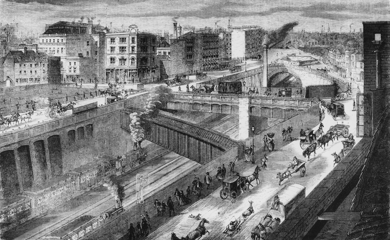 Farringdon Road och Metropolitan Railway ser norrut av English School
