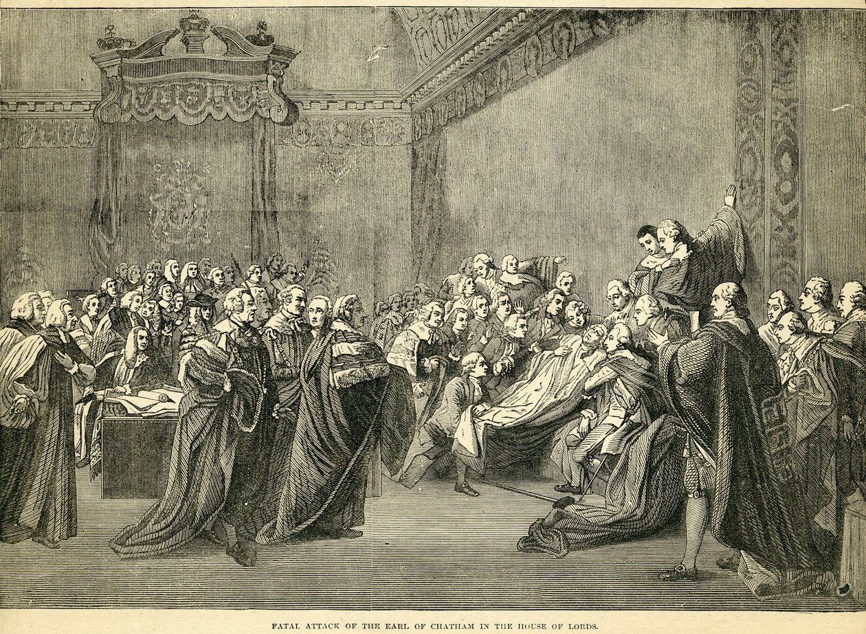 Fatalt beslagtagande av jarlen av Chatham i House of Lords, 1778 av English School