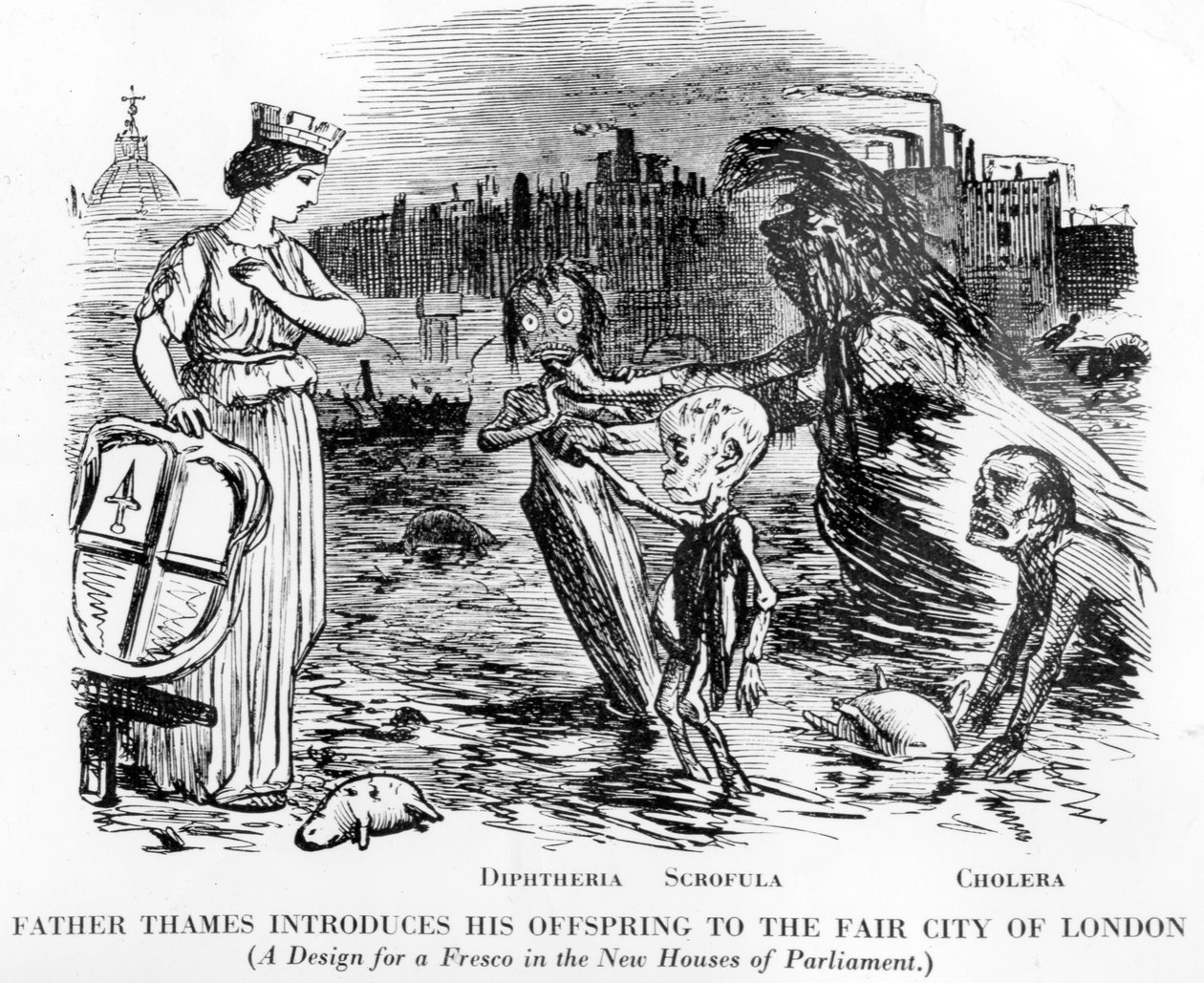 Fader Thames introducerar sin avkomma till Fair City of London, avkommorna är Diphtheria, Scrofula och Cholera. Mer ett öppet avlopp än en flod, den vidriga delstaten Themsen i London. av English School