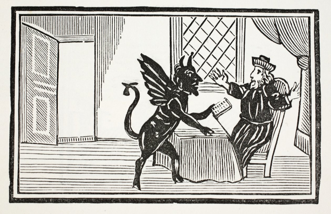 Faustus varnade av Anden att förvänta sig hans slut, illustration från Chap-books of the Eighteenth Century av John Ashton, pub. 1882 av English School
