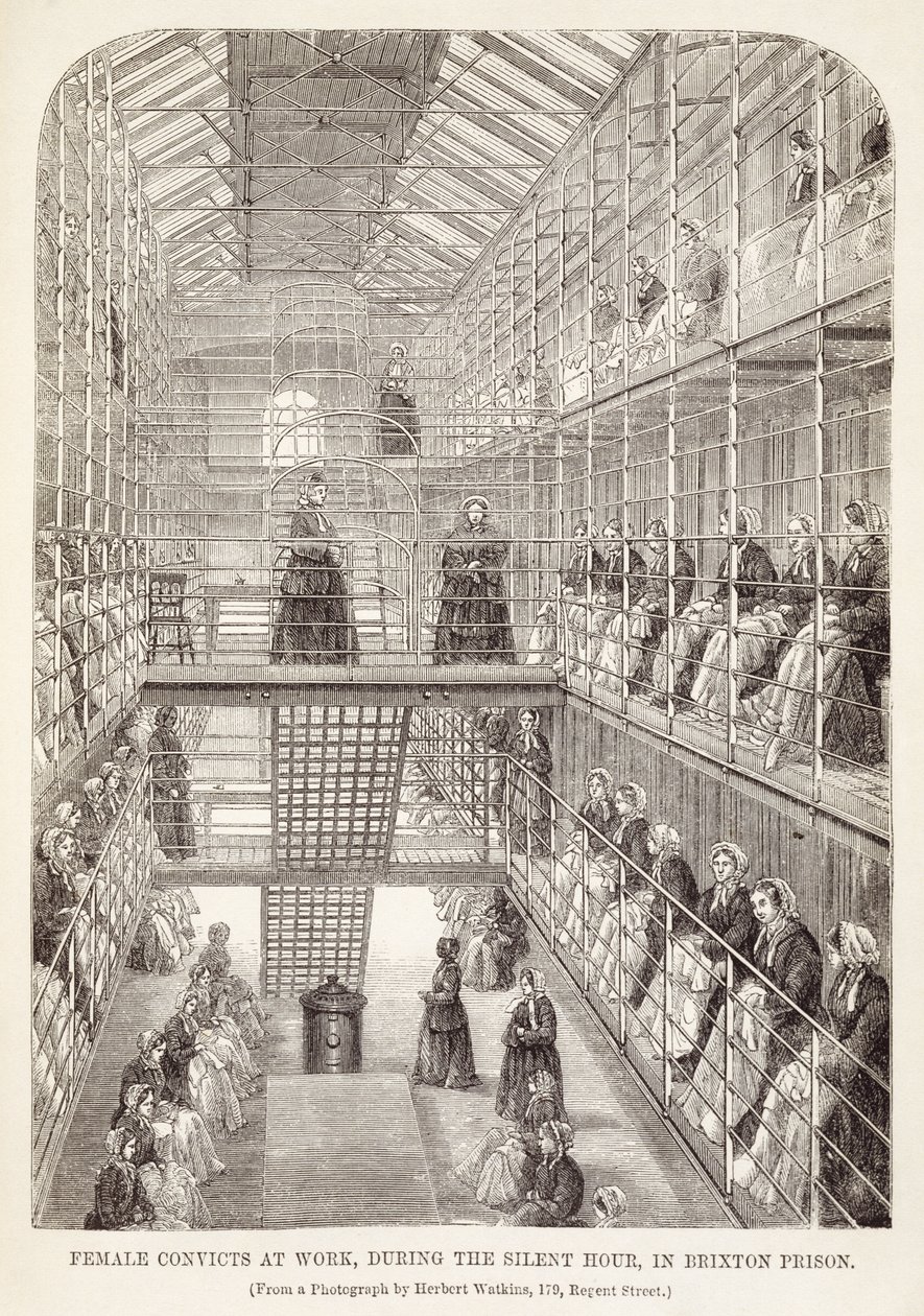 Kvinnliga straffångar på jobbet under den tysta timmen i Brixton Prison, från The Criminal Prisons of London och Scenes of Prison Life av Henry Mayhew (1812-87) och John Binny, 1860 av English School