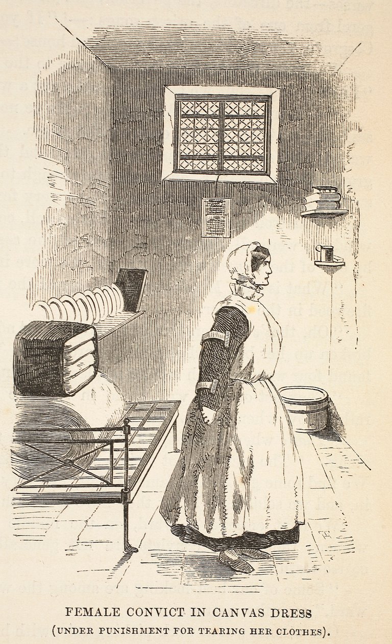 Kvinnlig dömd i tygklänning (straffad för att ha slitit sina kläder), illustration från The Criminal Prisons of London och Scenes from Prison Life av Henry Mayhew och John Binny, pub. 1862 (eng av English School