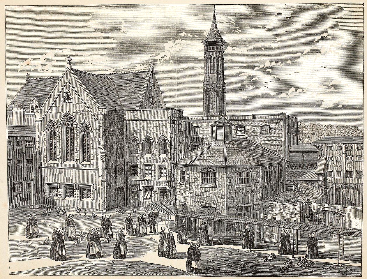 Kvinnliga dömda tränar på luftningsgården vid Brixton Prison, illustration från The Criminal Prisons of London och Scenes from Prison Life av Henry Mayhew och John Binny, pub. 1862 av English School