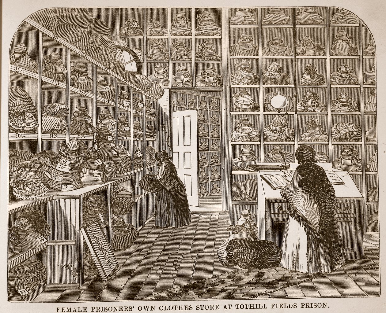 Kvinnliga fångar äger klädbutik i Tothill Fields Prison, illustration från The Criminal Prisons of London och Scenes from Prison Life av Henry Mayhew och John Binny, pub. 1862 av English School