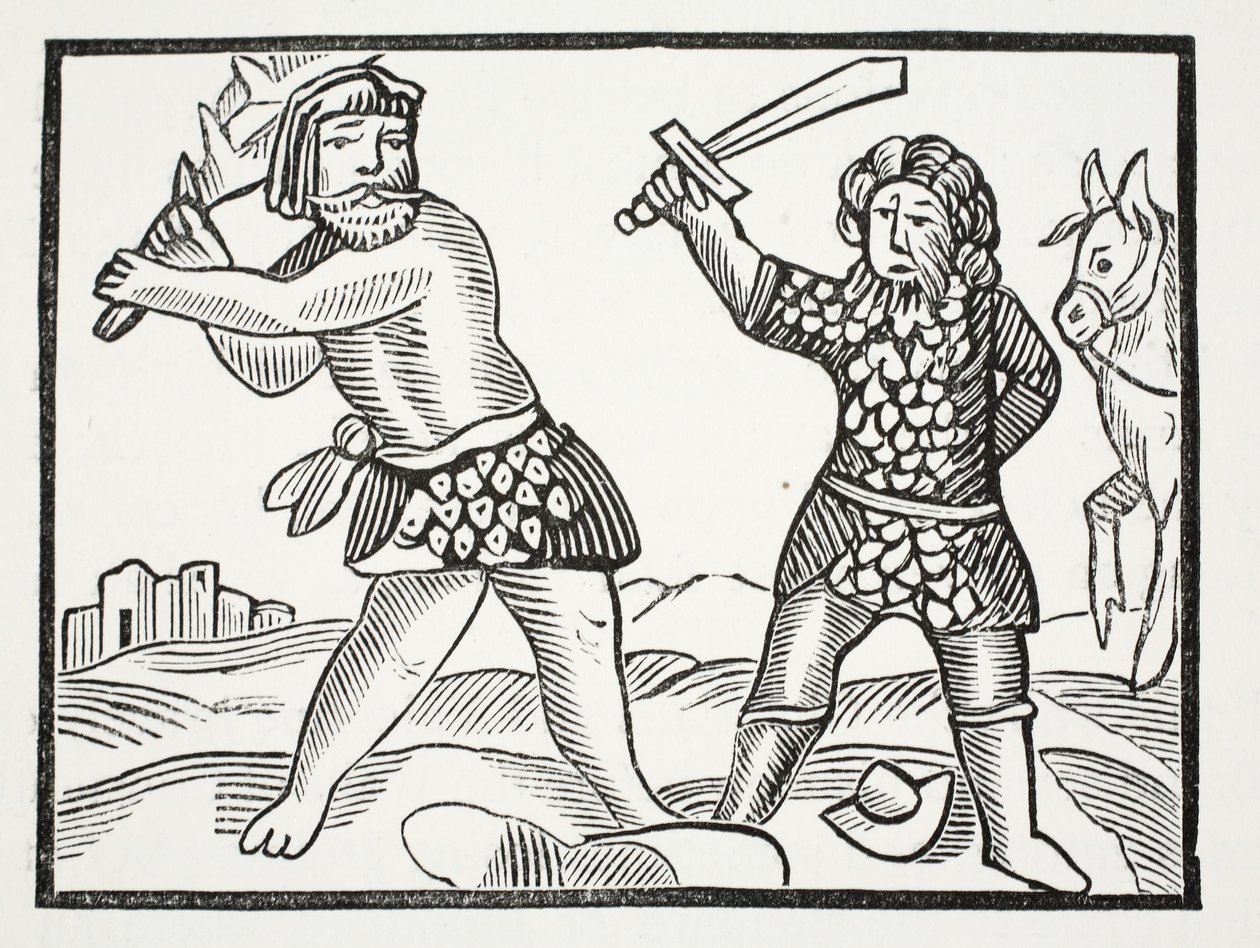 Ferragus reser en mäktig armé och belägrar staden Acquitain, illustration från Chap-books of the Eighteenth Century av John Ashton, pub. 1882 av English School