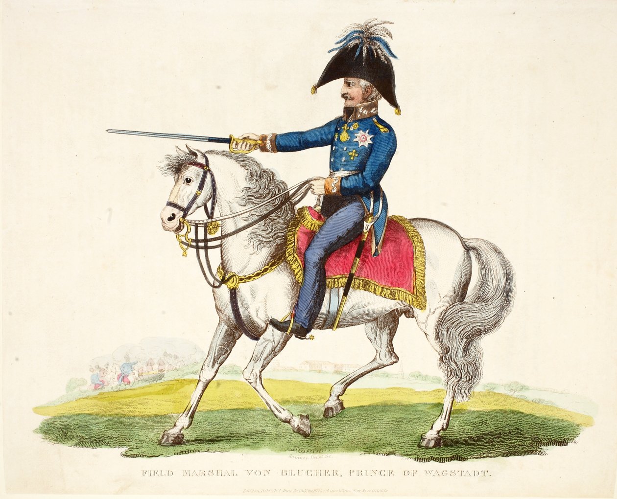Fältmarskalk von Blucher, Prins av Wagstadt, pub. av Richard Evans, engr Romney, illustration från An Historical Account of the Battle of Waterloo av William Mudford, 1816 av English School