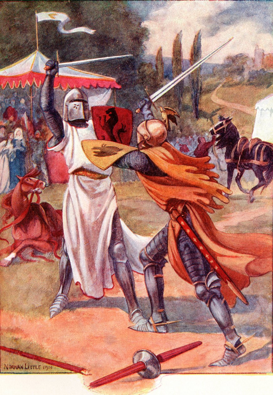 Fighting Knights in Armour. Färgad illustration från boken The Gateway to Tennyson publicerad 1910. av English School