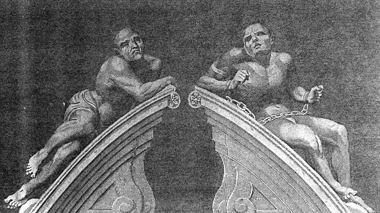 Figurer över Gateway of Bethlehem Hospital, graverade av A. Birrell för Lamberts History of London, 1805 av English School