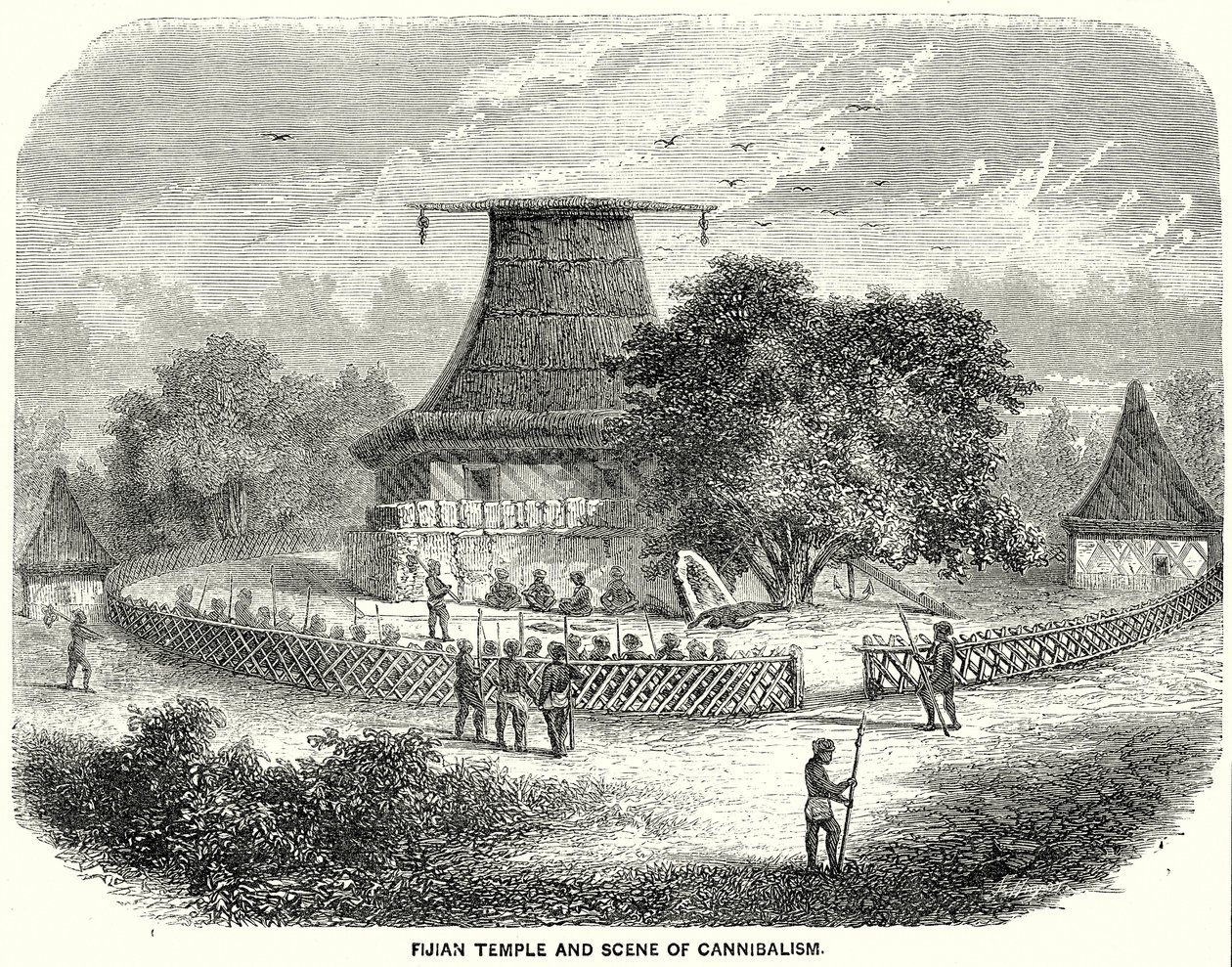 Fijianskt tempel och scen för kannibalism (gravyr) av English School