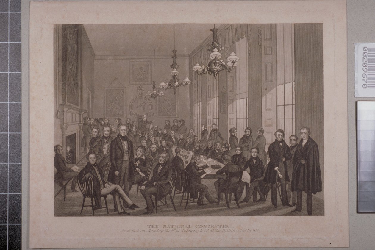 Första chartistmötet, British Coffee House på Cockspur Street, 1839 av English School