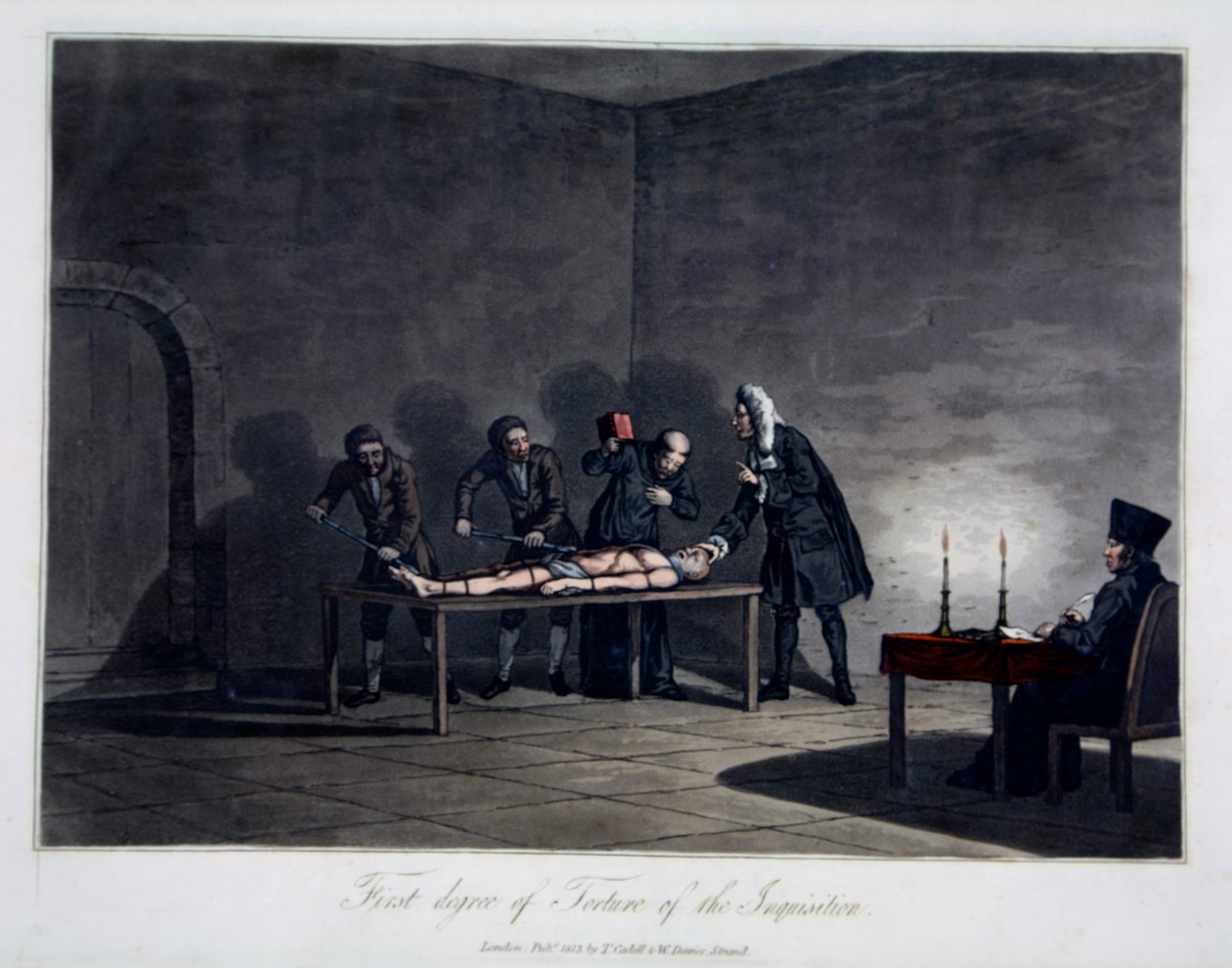 Första graden av tortyr av inkvisitionen, graverad av L.C. Stadler, pub. av Cadell & Davies, London, ca 1813 (färgad gravyr) av English School
