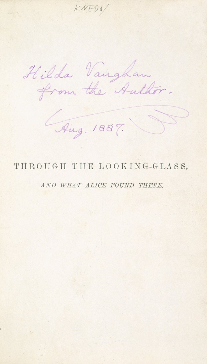 Första upplagan av Lewis Carrolls Alice Through the Looking Glass, med författarens inskription till Hilda Vaughn, 1887 av English School