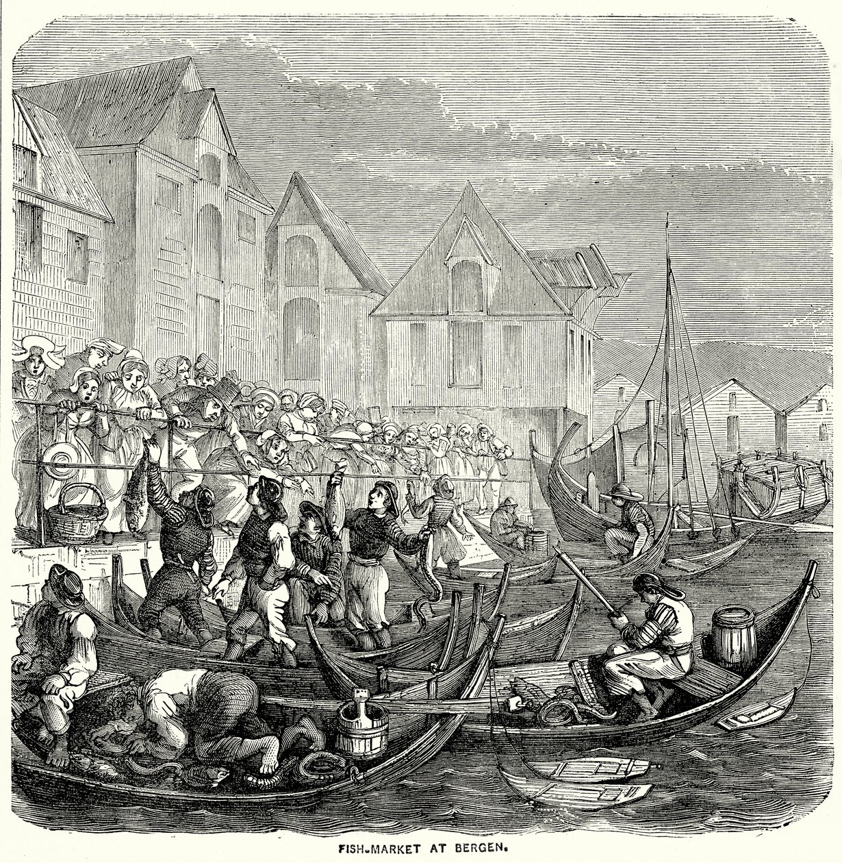 Fiskmarknaden i Bergen (gravyr) av English School