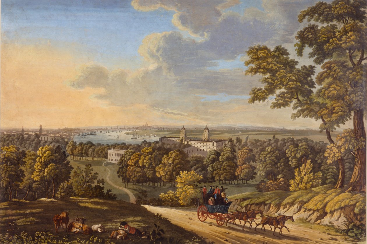 Flamstead Hill, Greenwich: The Stagecoach på väg söderut ca 181020 (wc på papper) av English School