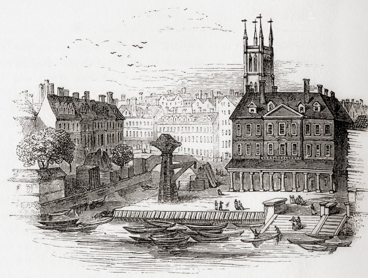 Fleet Ditch, London, England 1749 vid den punkt där den sprang in i Themsen vid Bridewell, från Old England: A Pictorial Museum, pub. 1847 av English School