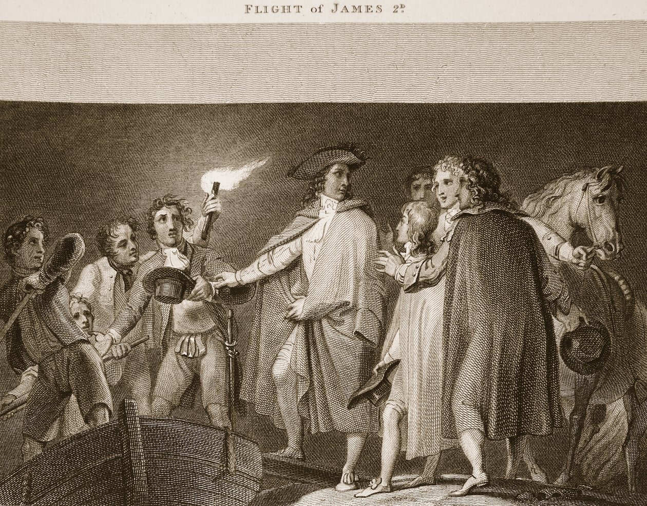 Flight of James 2nd, illustration från David Humes The History of England, pub. av R. Bowyer, London, 1812 av English School