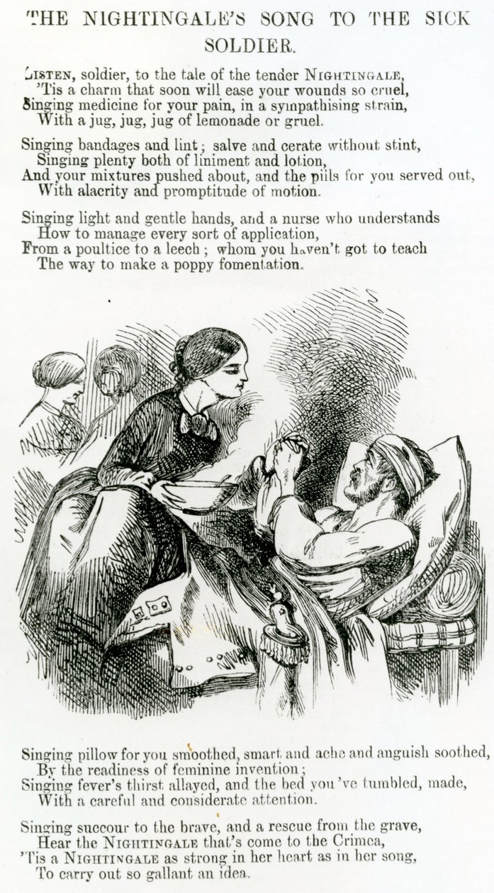 Florence Nightingale tar hand om en sjuk soldat på Krim av English School