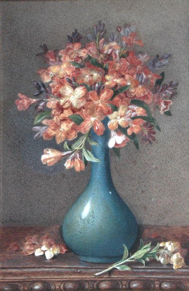 Blommor i en blå vas, ca 1870 (akvarell på papper) av English School