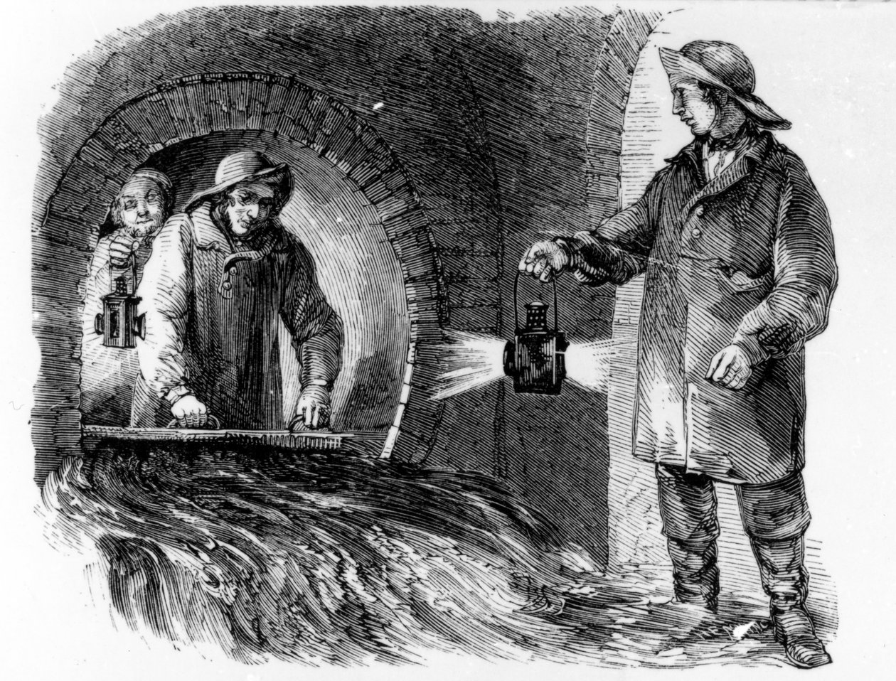 Flushing the Sewers, illustration från "London Labour and the London Poor" av Henry Mayhew, ca 1840-talet av English School