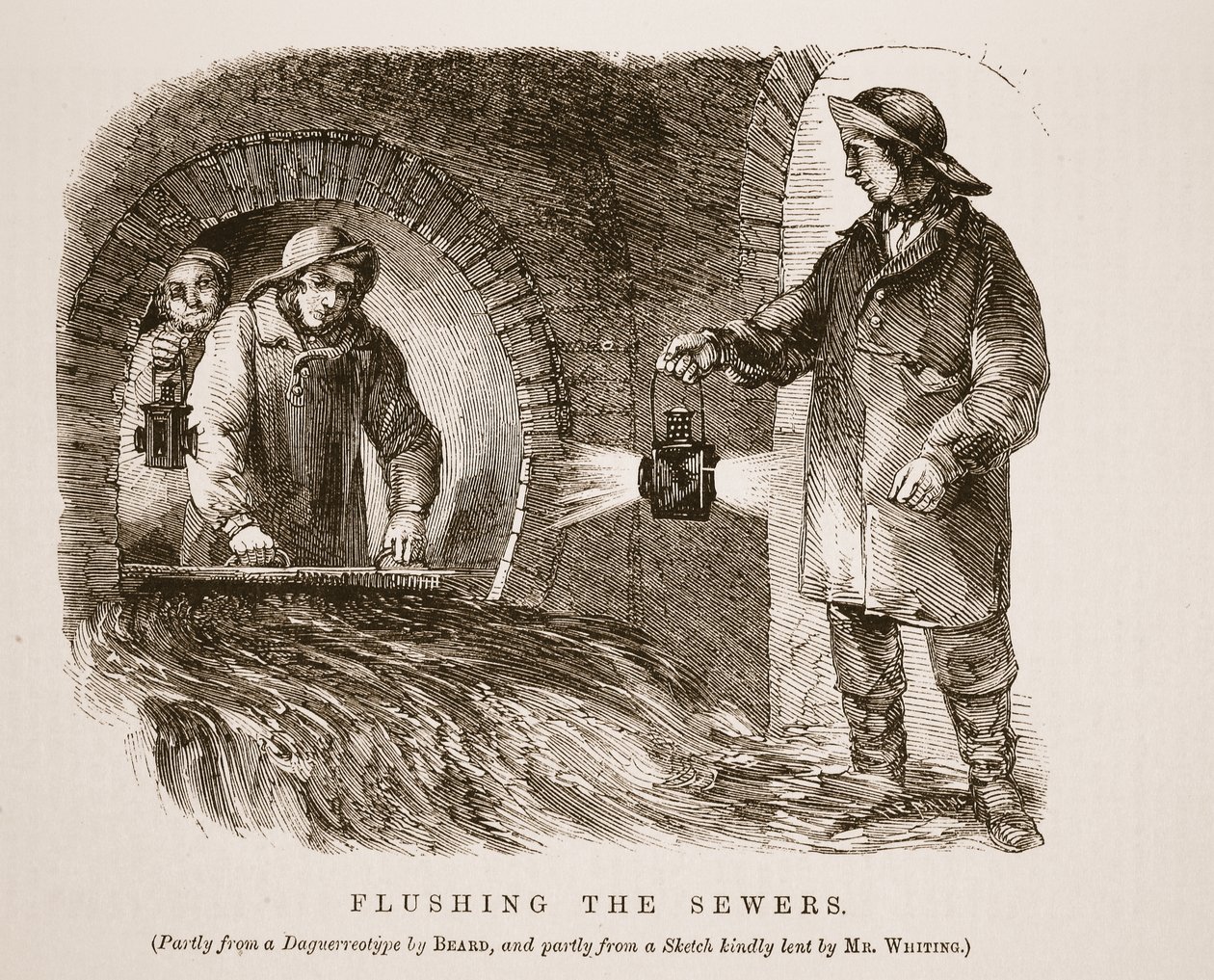 Spolning av kloakerna, dels från daguerreotypien av Richard Beard och dels från en skiss vänligt utlånad av Mr. Whiting, illustration från London Labor och London Poor av Henry Mayhew, pub. 1862 (lit av English School