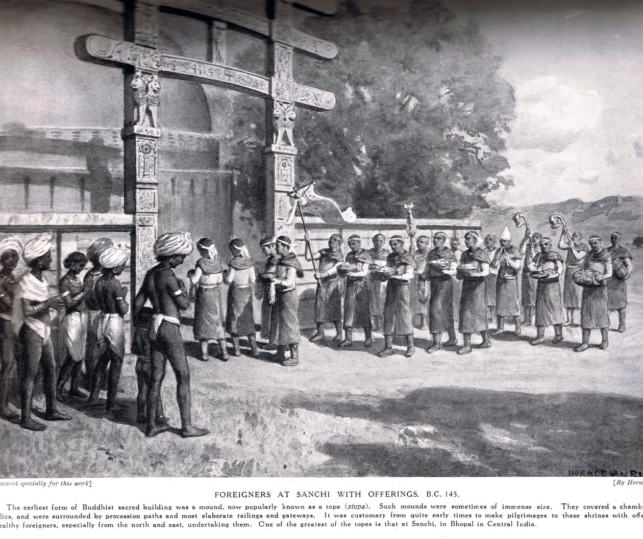 Utlänningar i Sanchi med offergåvor 145 f.Kr., illustration från Hutchinsons Nationernas historia, ca 1910 av English School