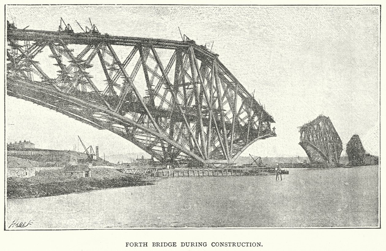 Forth Bridge under konstruktion (gravyr) av English School