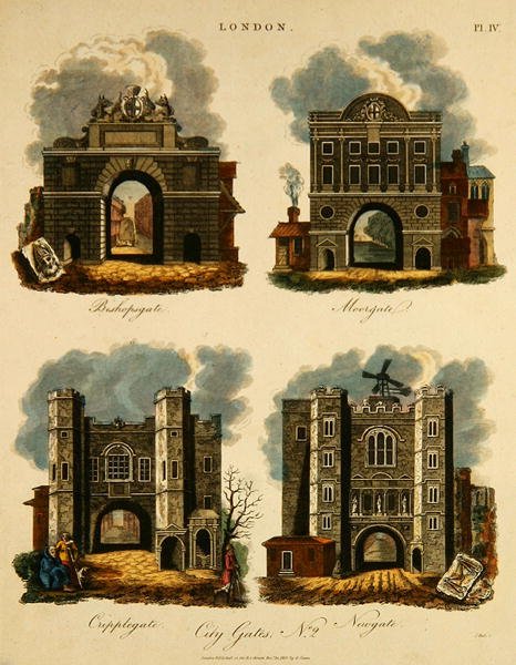 Fyra stadsportar: Bishopsgate, Moorgate, Cripplegate och Newgate, graverade av J. Pass, pub. av G. Jones av English School