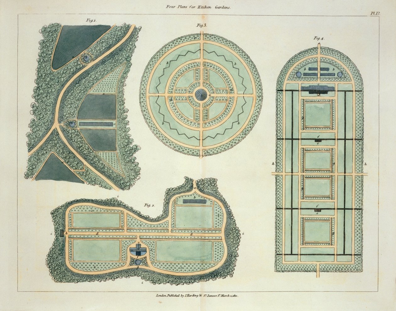 Fyra planer för köksträdgårdar, från tips om bildandet av trädgårdar och nöjesmarker av John Claudius Loudon (1783-1843) publicerad 1812 av English School